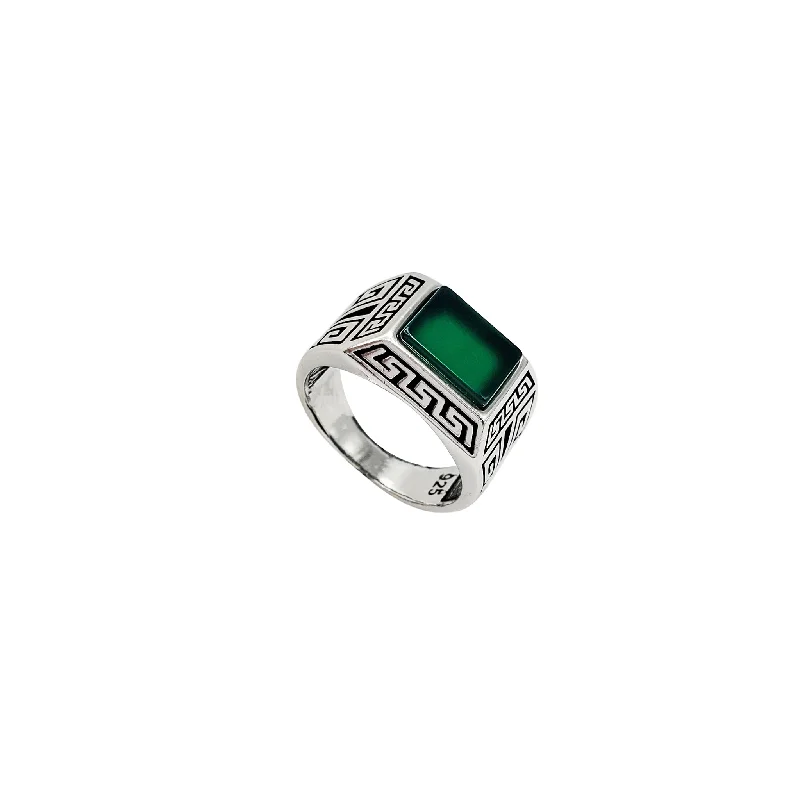 Personalized Family Ring with Names and Stones-Green Agate Ottoman Ring (Silver)