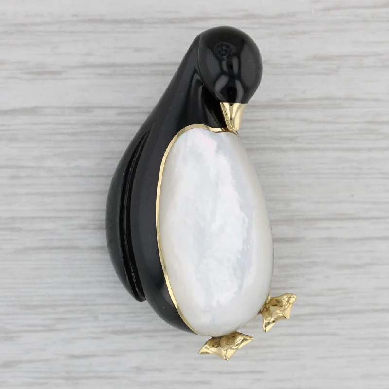 Brooch For Casual Dresses-Tiffany Penguin Brooch Black Jade White Mother of Pearl 18k Yellow Gold Pin