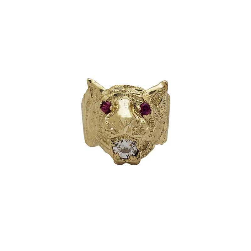 Elegant Ring with Diamond Halo and Sapphire Center-Zirconia Red-Eyes Lion Head Ring (14K)