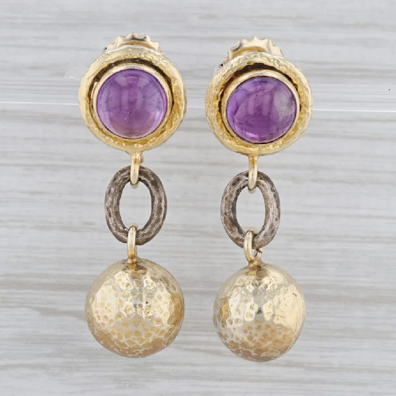 Vintage Style Dangle Earrings-Round Cabochon Amethyst Dangle Earrings Hammered Gold Plated Sterling Silver