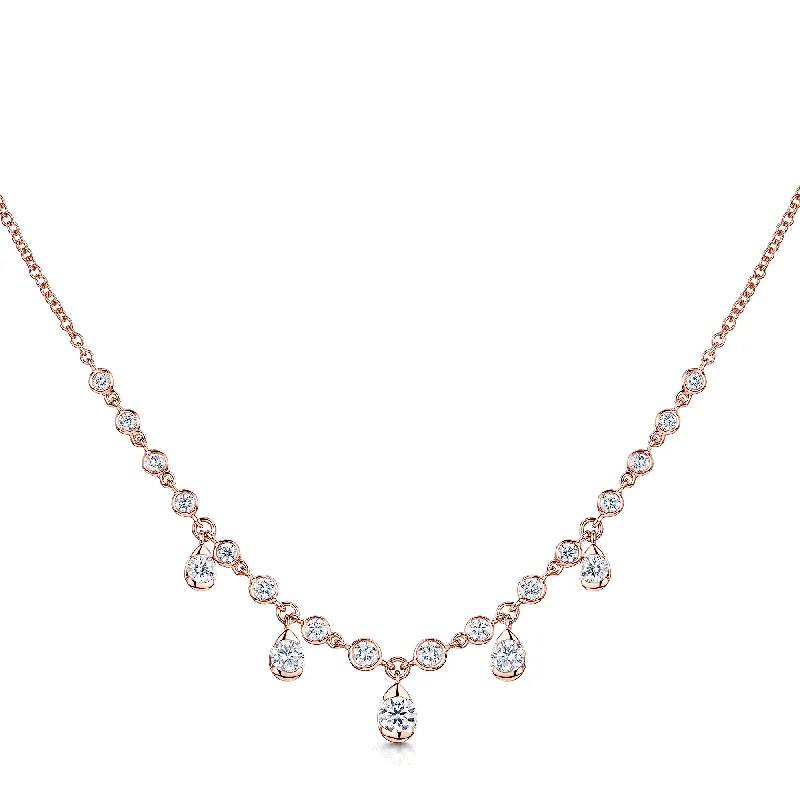 Simple Chain Necklace with Pendant-18ct Rose Gold Rub Over Set Diamond Necklet With Five Diamond Drops