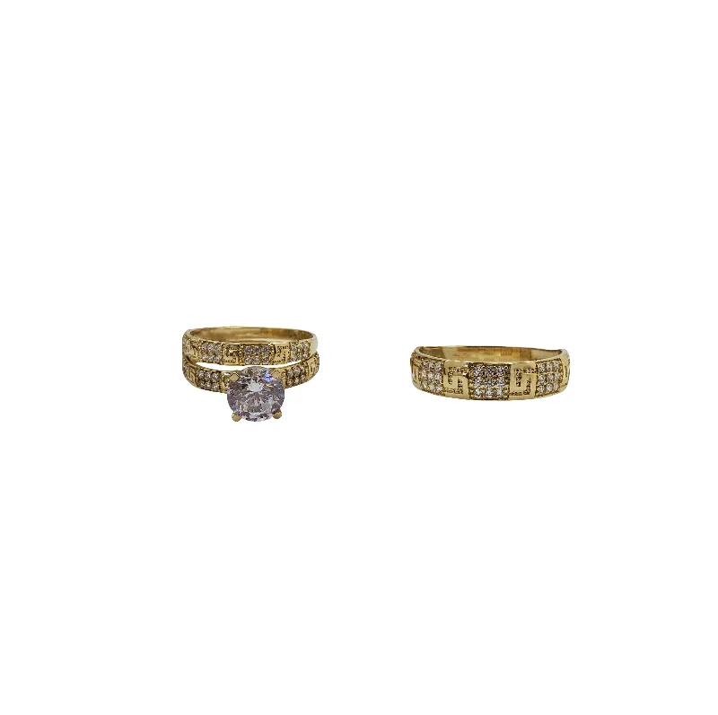 Unique Gold Ring with Engraving for Special Occasions-Three-Piece Set Greek Key Band Engagement Rings (14K)