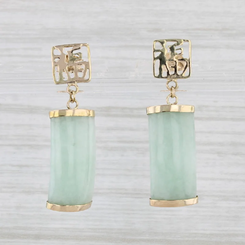 Fashionable Silver Hoop Earrings-Green Jadeite Jade Dangle Earrings 14k Yellow Gold Good Luck Chinese Calligraphy