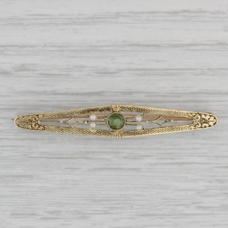 Large Statement Brooch For Dresses-Seed Pearl Peridot Bar Pin 14k 10k Yellow Gold Vintage Brooch