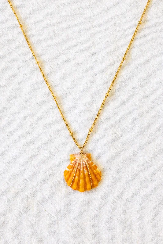 Custom Birthstone Pendant Necklace for Women-Bright Orange Sunrise Shell Necklace