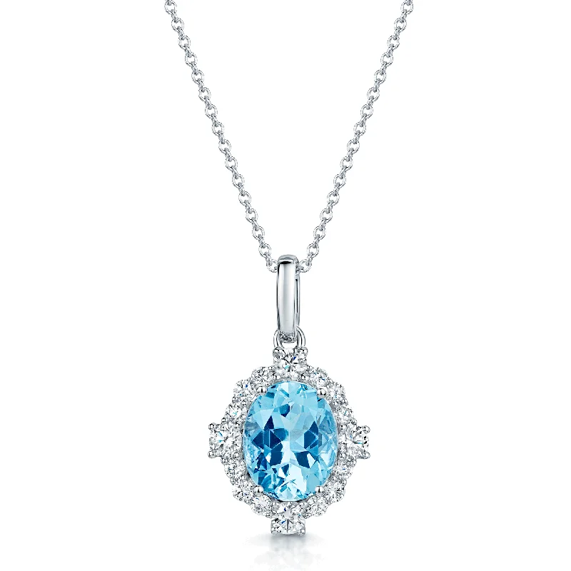 Elegant Necklace with Round Gemstone-18ct White Gold Oval Cut Aquamarine And Diamond Cluster Pendant