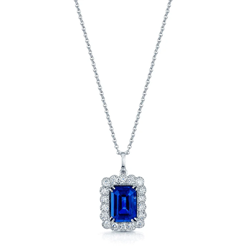 Designer Necklace with Large Gemstone-18ct White Gold Emerald Cut Sapphire & Diamond Cluster Pendant