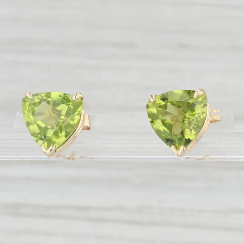 Large Hoop Earrings for Weddings-3.20ctw Green Peridot Stud Earrings 14k Yellow Gold Trillion Cut Studs