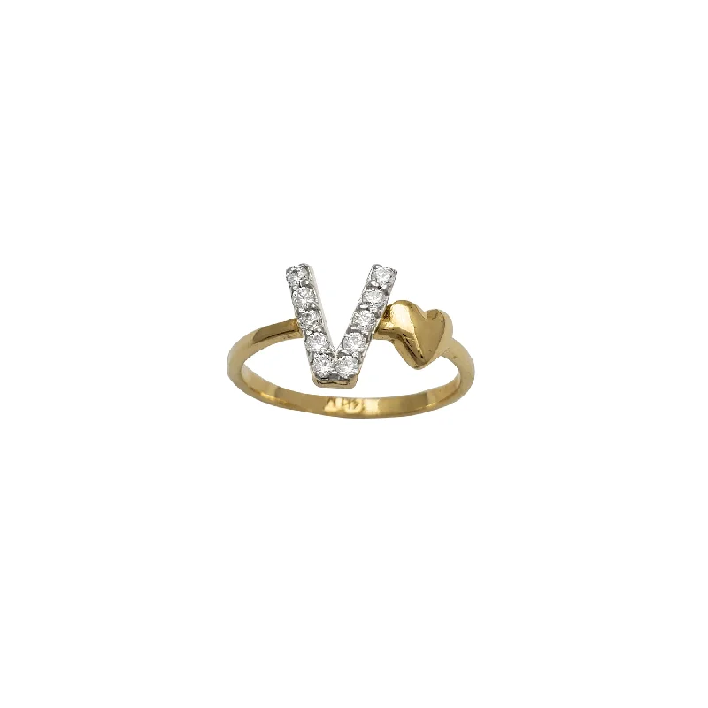 Classic Wedding Ring Set with Diamonds-Zirconia Initial Letter "V" & Heart Solitaire Ring (14K)