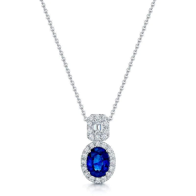 Elegant Diamond Necklace for Weddings-18ct White Gold Oval Sapphire And Diamond Double Halo Pendant