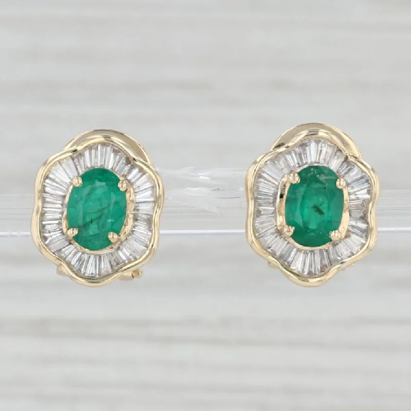 Yellow Gold Earrings for Women-2.10ctw Emerald Diamond Halo Stud Earrings 14k Yellow Gold Pierced Omega Backs