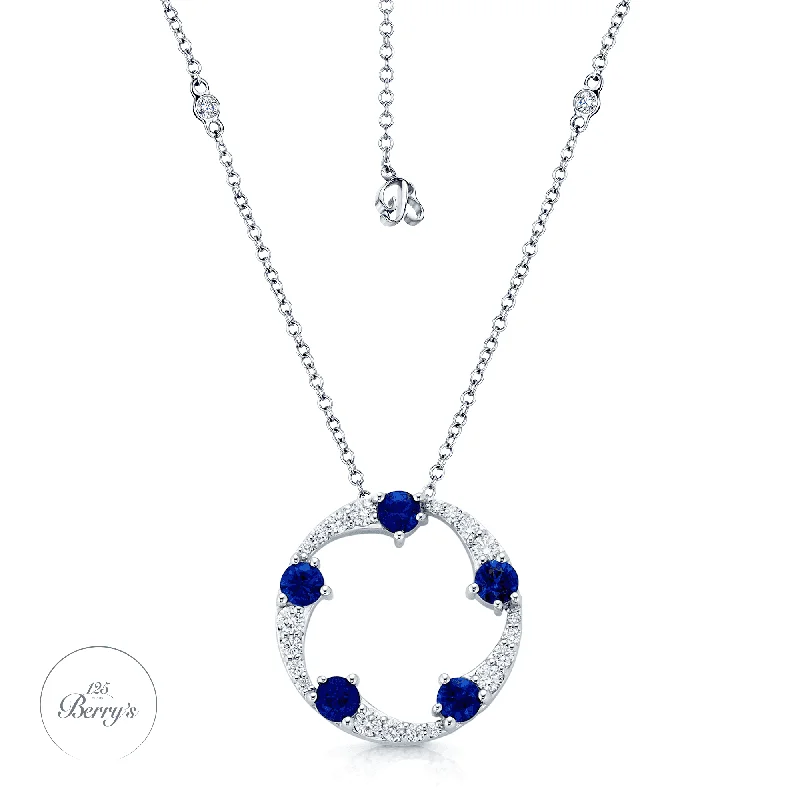 Luxury Crystal Necklace with Gold Accents-OPEIA Collection 18ct White Gold Sapphire Diamond Fancy Large Circle Pendant With Chain