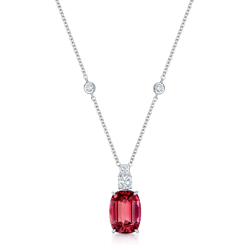 Fashionable Crystal Drop Necklace-18ct White Gold Cushion Cut Pink Tourmaline And Diamond Fancy Pendant