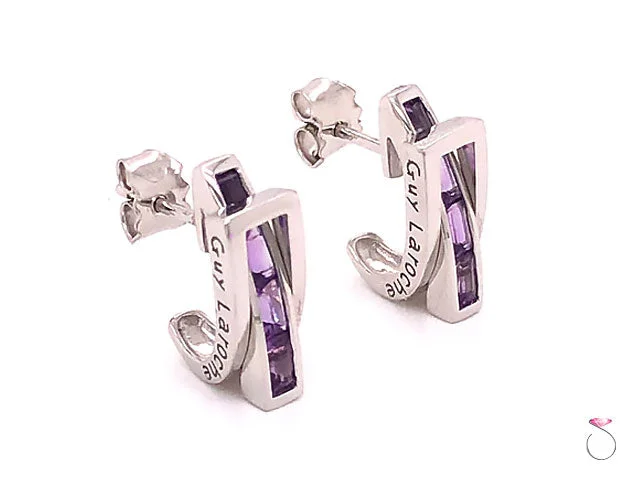 Stylish Crystal Drop Earrings-Guy Laroche Amethyst Designer 18K Huggie Earrings