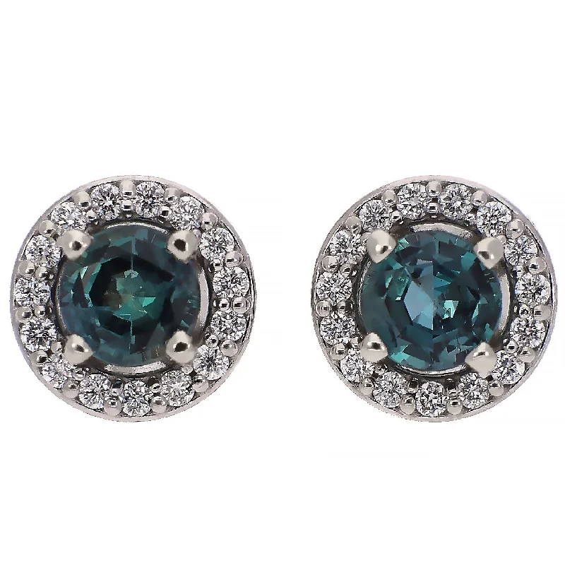 Elegant Bridal Earrings for Wedding Day-14K White Gold Round Alexandrite with Diamond Halos Stud Earrings