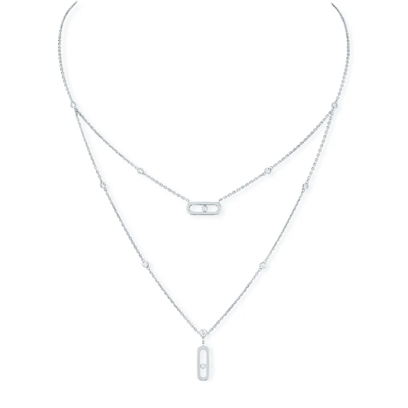 Large Pendant Necklace with Silver Chain-Move Uno 2 Rows 18ct White Gold Diamond Set Necklace