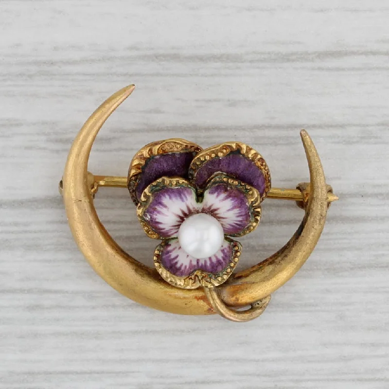 Unique Vintage Brooch Pin-Antique Flower Crescent Moon Cultured Pearl Brooch 14k Gold Art Nouveau Pin