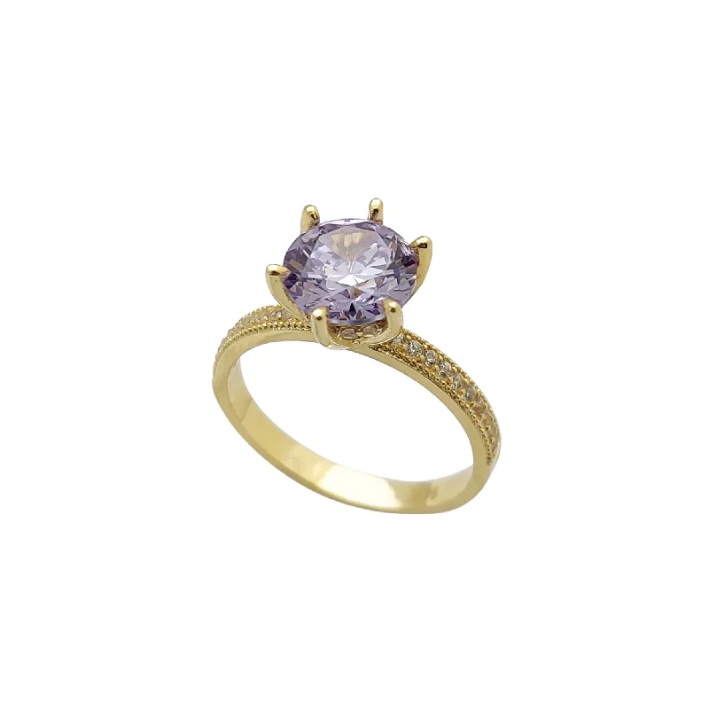 Classic Engagement Ring with Round Diamond and Band-Zirconia 6-Prong Light Purple Milgrain Engagement Ring (14K)