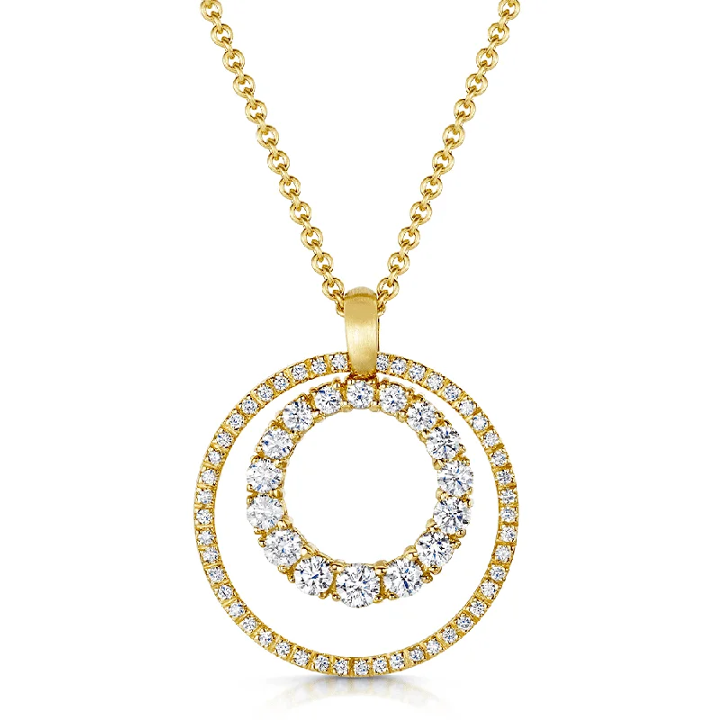 Long Silver Chain Necklace with Pendant-18ct Yellow Gold Round Brilliant Cut Diamond Double Circle Pendant