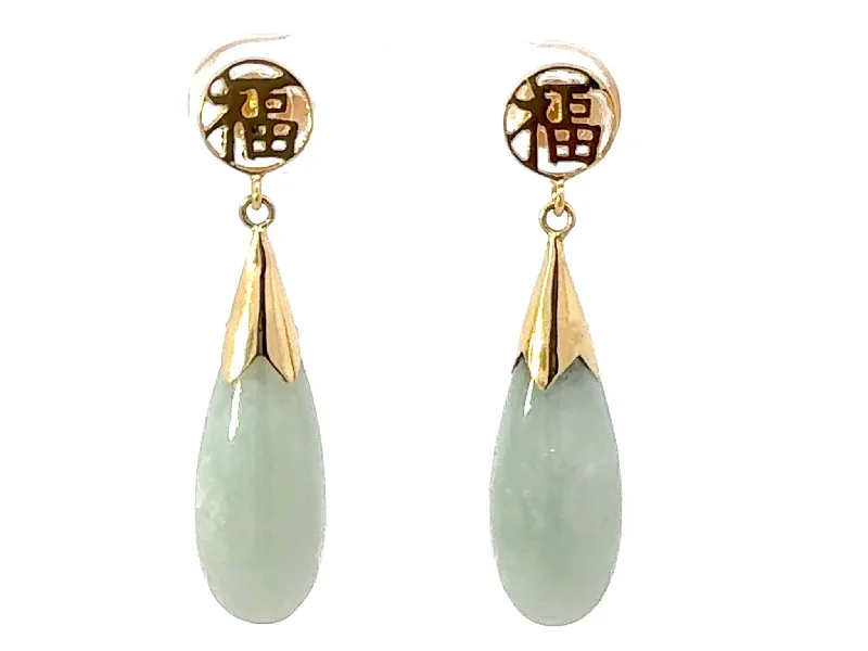 Polished Gemstone Earrings-Jade Drop Earrings Good Fortune 14k Yellow Gold