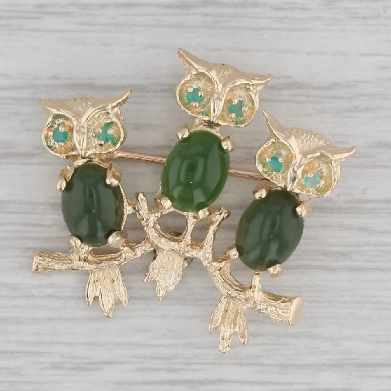 Crystal Brooch For Women-Vintage Nephrite Jade Chalcedony Owl Brooch 14k Yellow Gold Pin 3 Owls