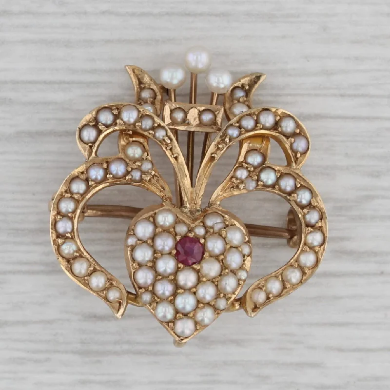 Handcrafted Pearl Brooch-Antique Edwardian Ornate Heart Brooch 14k Yellow Gold Pearl Ruby Pin