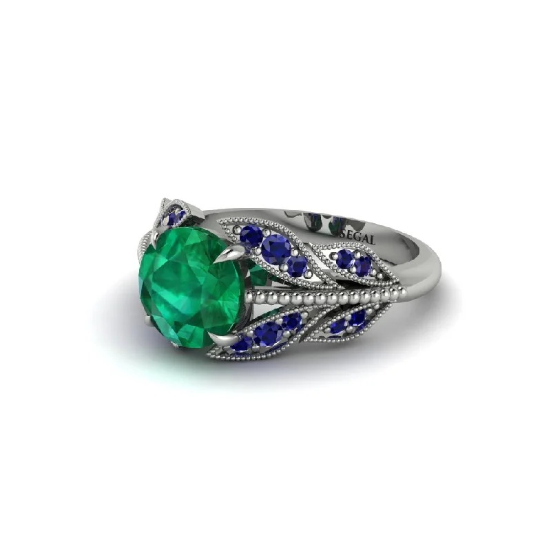 Designer Gold Wedding Ring with Sapphire Inlay-Emerald Majestic Leaf Gold Engagement Ring - Makenna No. 66