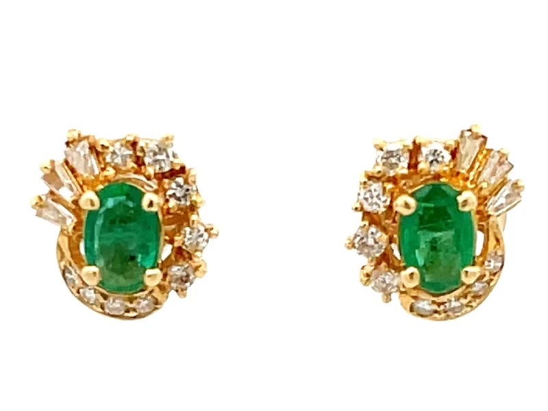 Stylish Diamond Earrings-Columbian Emerald and Diamond Halo Stud Earrings in 18k Yellow Gold