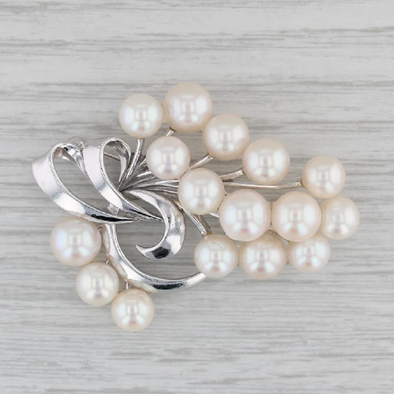 Sparkling Gemstone Brooch-Mikimoto Vintage Cultured Pearl Brooch 14k White Gold Flower Spray Statement Pin