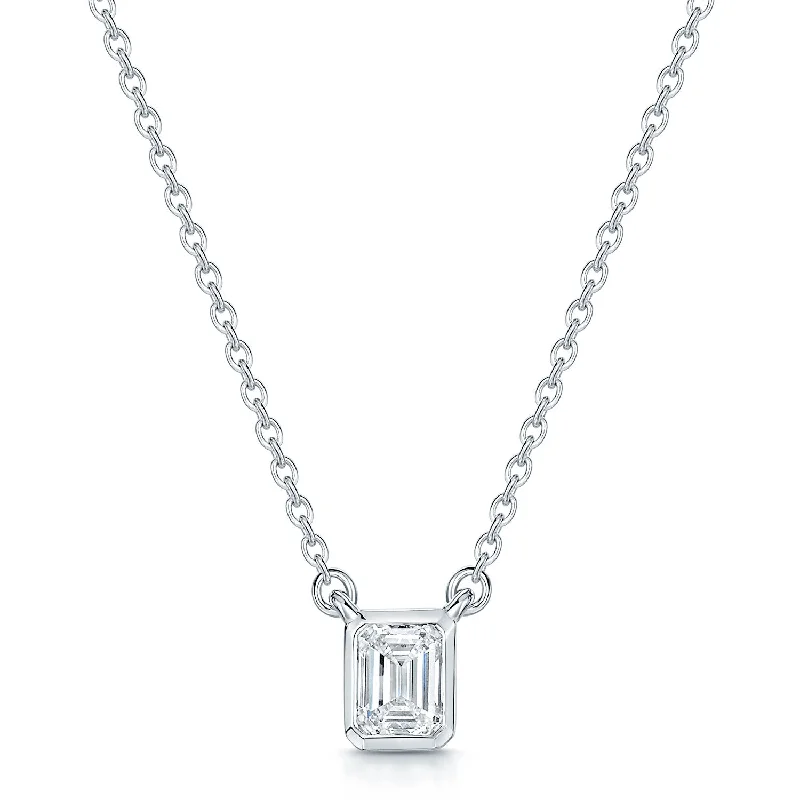 Layered Necklace with Pearls for Formal Look-18ct White Gold Emerald Cut Diamond 0.50ct Rub Over Pendant