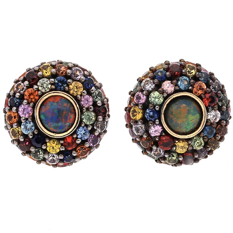 Silver and Gold Mixed Earrings-14K Black Rhodium Yellow Gold Black Opal and Multi-Colored Sapphire Custom Design Stud Earrings