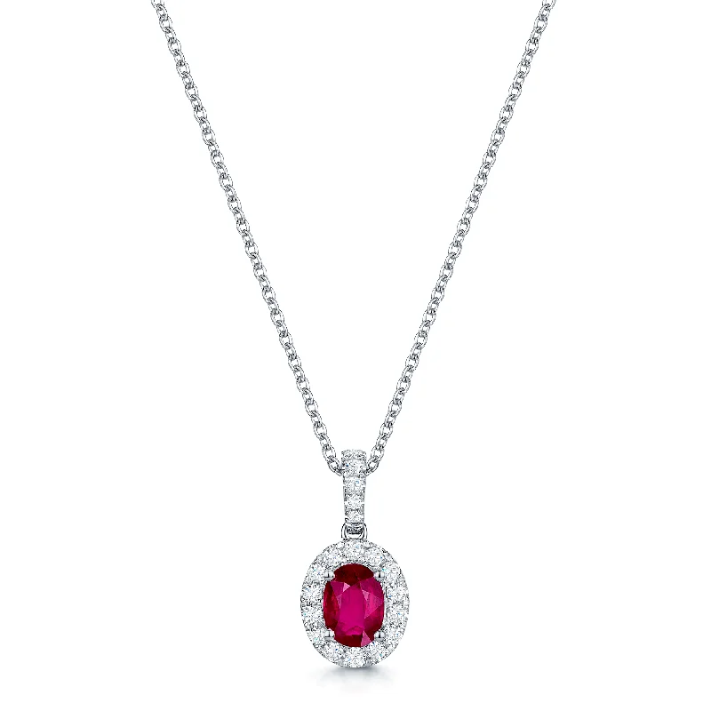 Custom Birthstone Necklace for Grandmothers-Platinum Oval Cut Ruby And Diamond Cluster Pendant