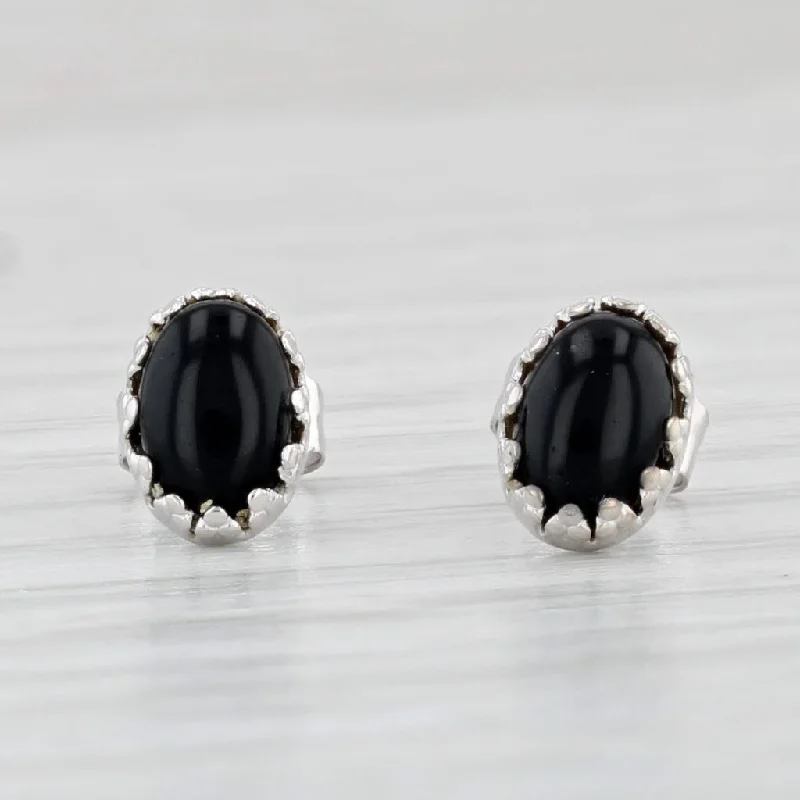 Hoop Earrings for Everyday Wear-Black Onyx Stud Earrings 14k White Gold Oval Cabochon Solitaires