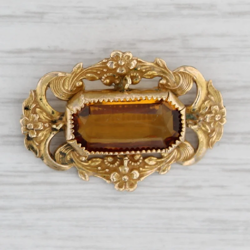 Chic Crystal Brooch For Dresses-Ornate Antique Floral Orange Glass Brooch Gold Filled Pin