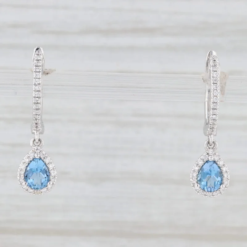 Elegant Diamond Stud Earrings-New 0.51ctw Aquamarine Diamond Halo Teardrop Hoop Earrings 14k Gold Hinged