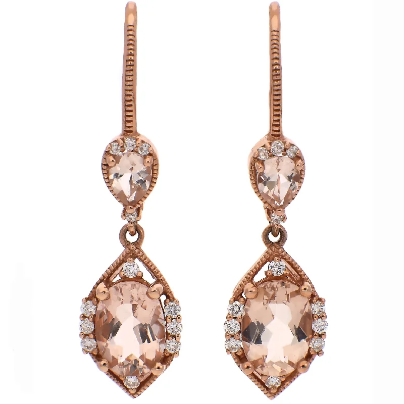 Black Diamond Stud Earrings-14K Rose Gold Pear Shaped and Oval Morganite and Diamond Dangle Earrings