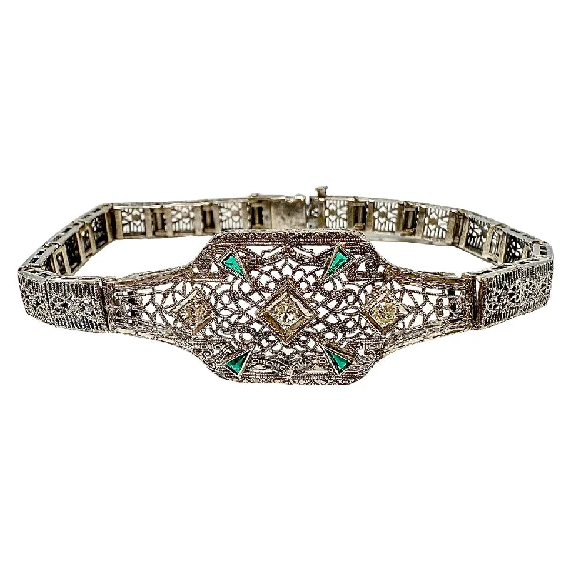 Trendy Silver Bracelet with Natural Stone Beads-10K Art Deco Bracelet