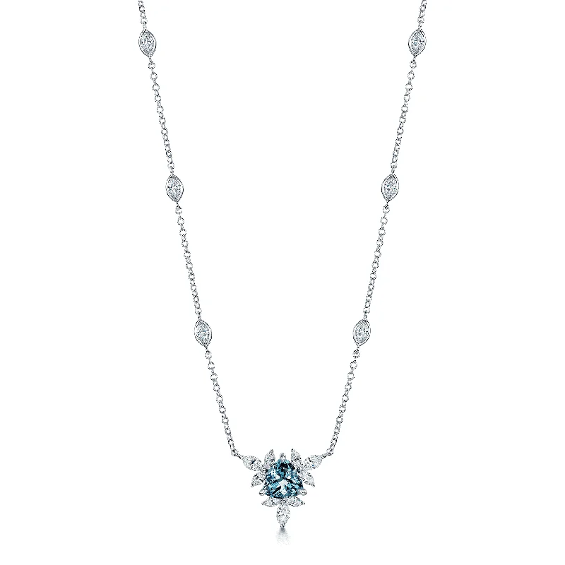 Luxury Necklace with Aquamarine Stone-18ct White Gold Trilliant Cut Aquamarine & Marquise Diamond Flower Necklace With Marquise Cut Diamond Set Chain