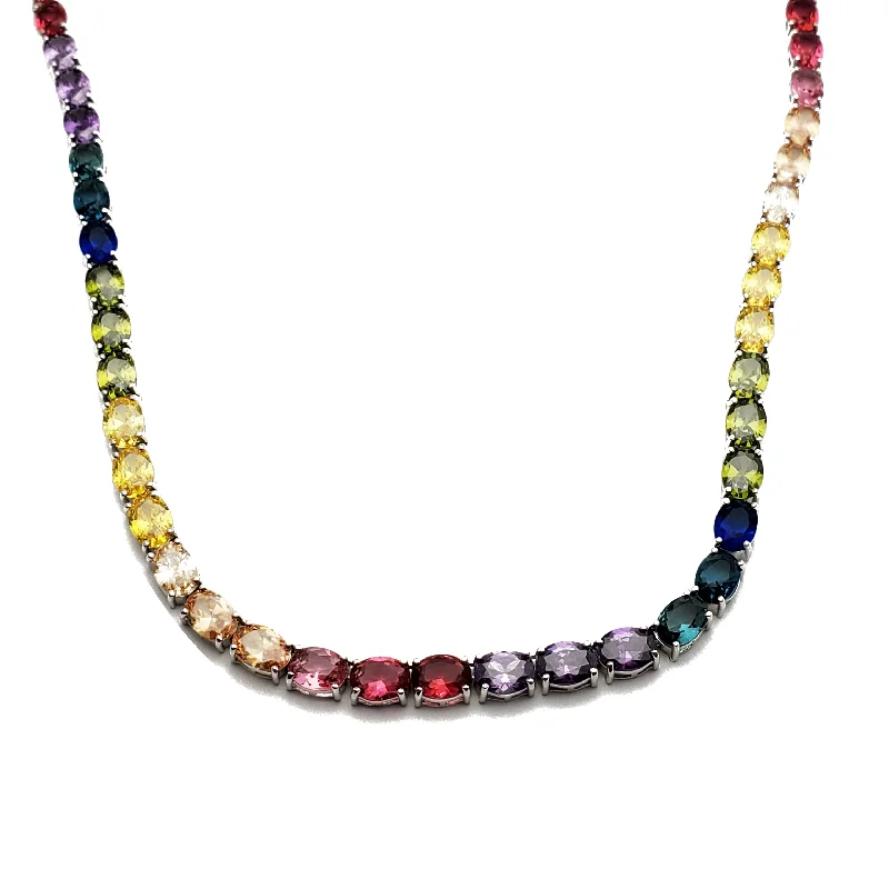 Large Gemstone Necklace for Evening Wear-Oval Shape Multi-color Tennis Chain (Silver)