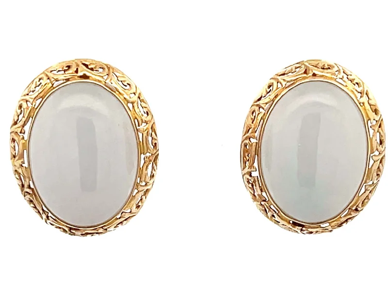 Statement Earrings for Fashionistas-Mings Oval White Jade Earrings 14K Yellow Gold