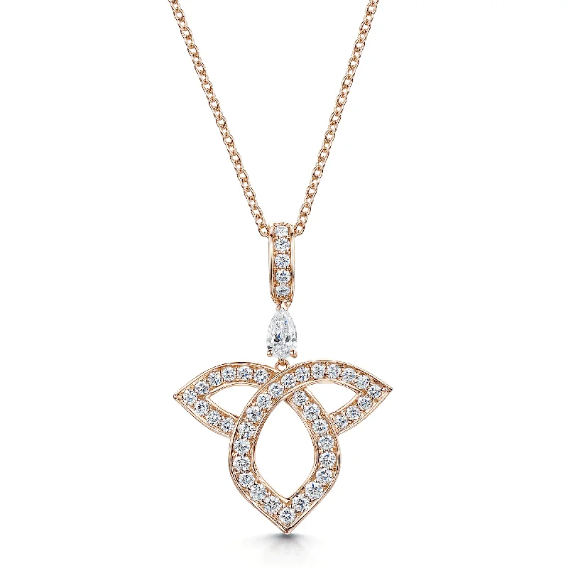 Unique Gemstone Necklace with Pendant-18ct Rose Gold Pear And Round Brilliant Cut Diamond Open Lotus Pendant