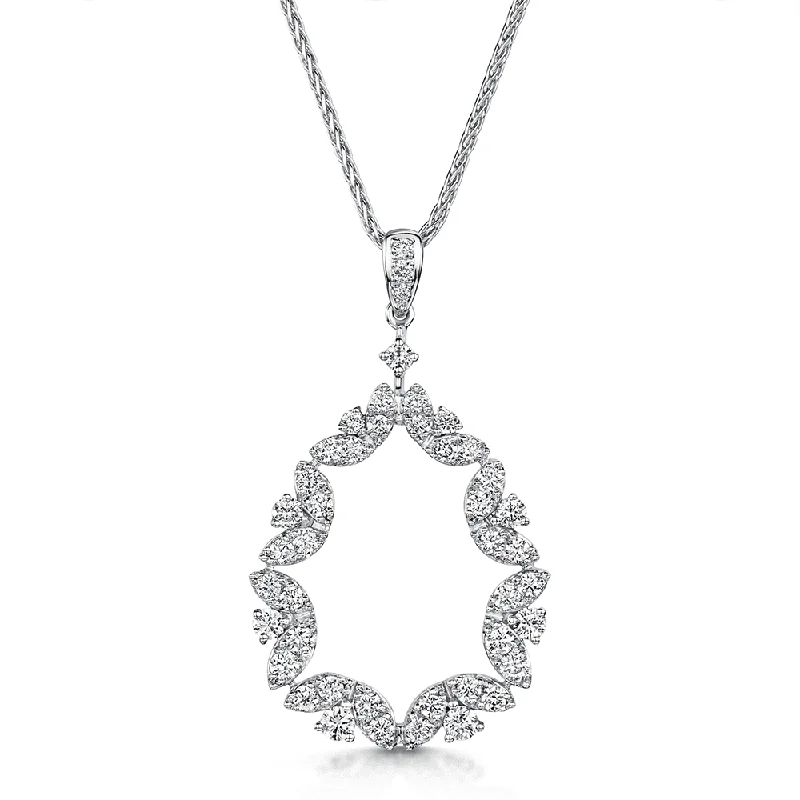 Custom Heart-Shaped Necklace for Couples-18ct White Gold Open Pear Shape Leafy Diamond Set Pendant