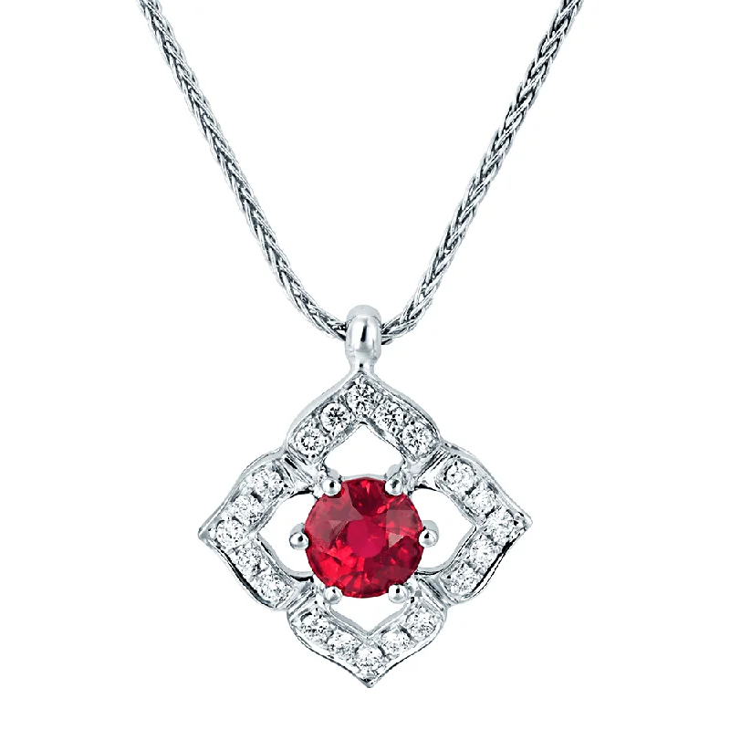 Elegant Layered Necklace with Charms-18ct White Gold Vintage Style Ruby & Diamond Pendant