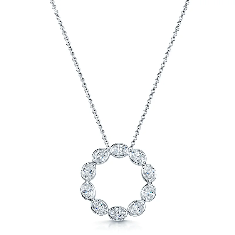 Elegant Diamond Necklace for Weddings-18ct White Gold Oval Diamond Rub Over Circle Pendant