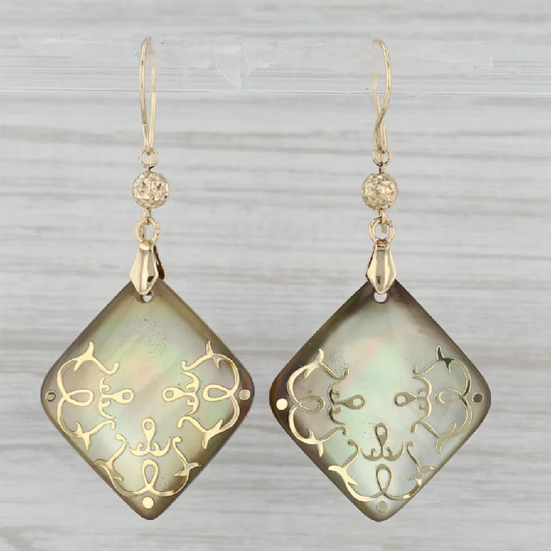 Statement Gold Earrings-Ornate Mother of Pearl Dangle Earrings 14k Yellow Gold Hook Posts