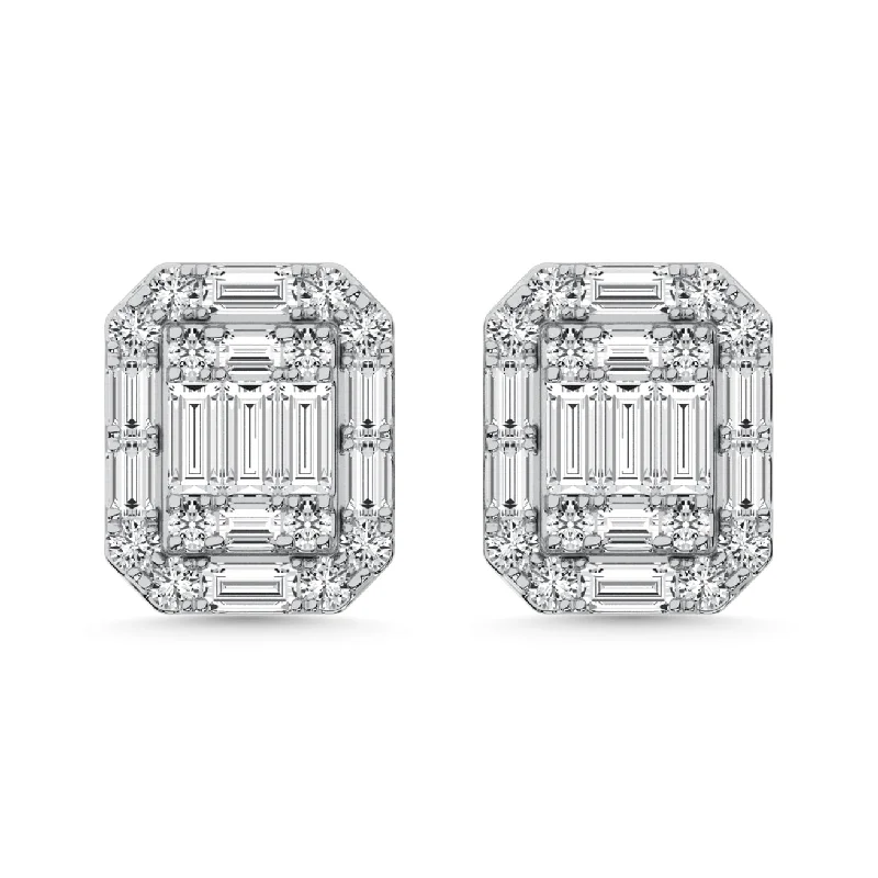 Custom Crystal Earrings for Weddings-Diamond 3/8 Ct.Tw. Round and Baguette Fashion Earrings in 14K White Gold