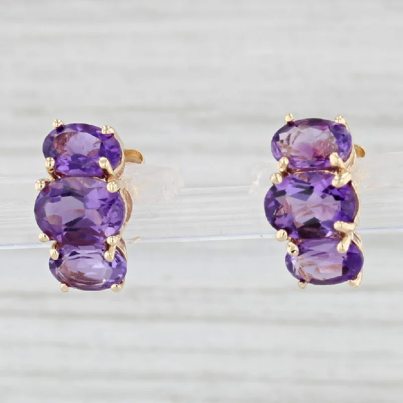 Unique Geometric Earrings for Women-3ctw Amethyst 3-Stone Drop Earrings 14k Yellow Gold