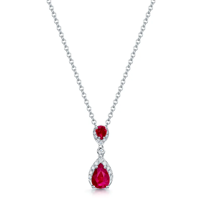 Large Gemstone Necklace for Evening Wear-18ct White Gold Ruby And Diamond Drop Pendant