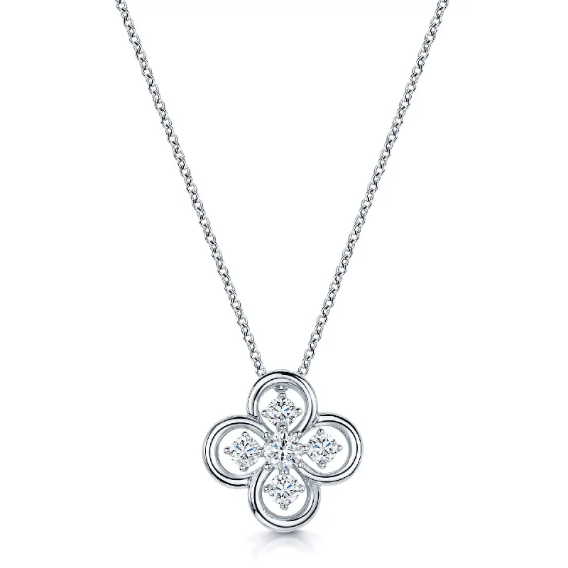 Custom Birthstone Pendant Necklace for Women-18ct White Gold Round Brilliant Diamond Open Flower Pendant