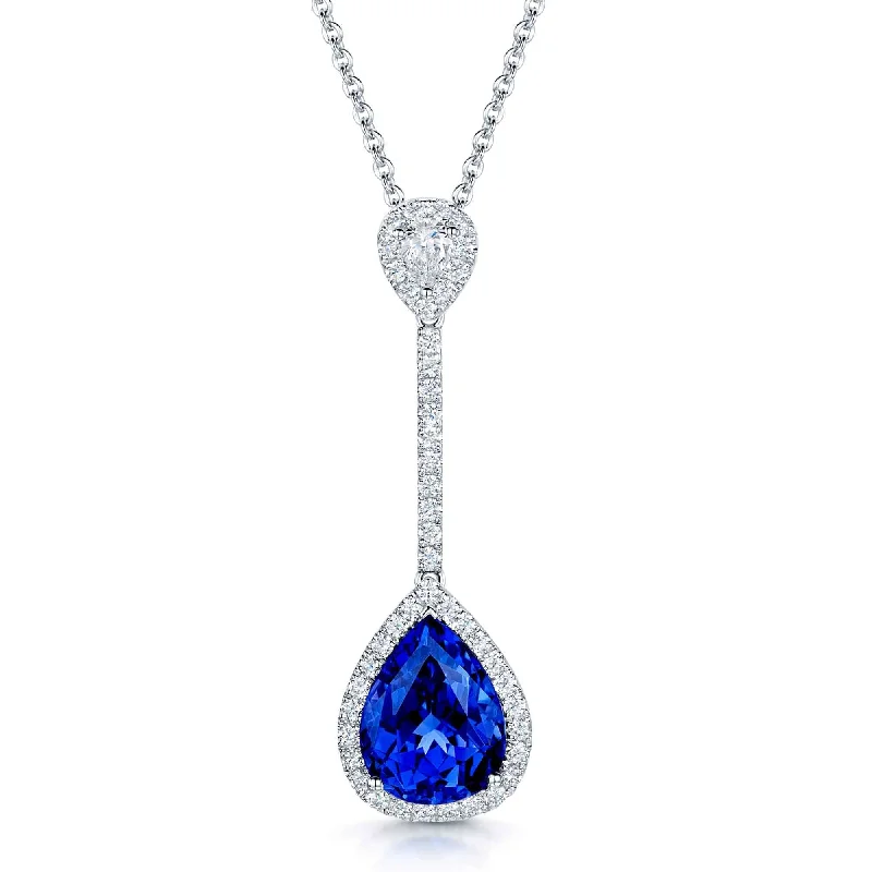 Fashionable Crystal Drop Necklace-18ct White Gold Pear Shaped Tanzanite Diamond Drop Bar Pendant